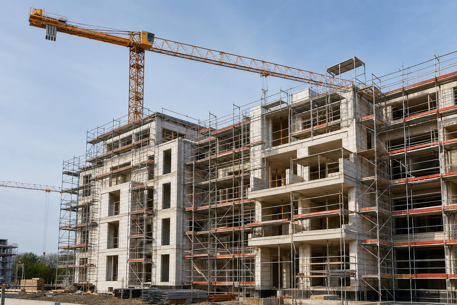 Mehrstöckiges Gebäude im Hochbau mit Kran