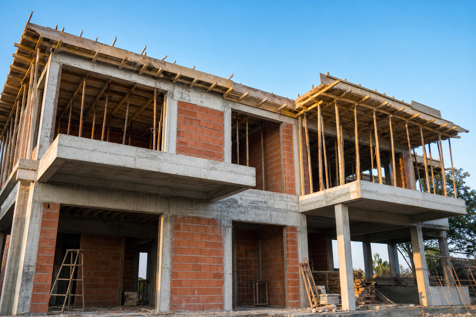 Rohbau eines Gebäudes mit Beton und Mauerwerk